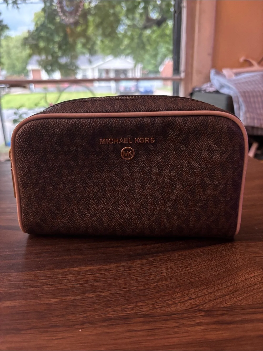 Michael Kors Brown with Pink Trim Signature Toiletry Pouch